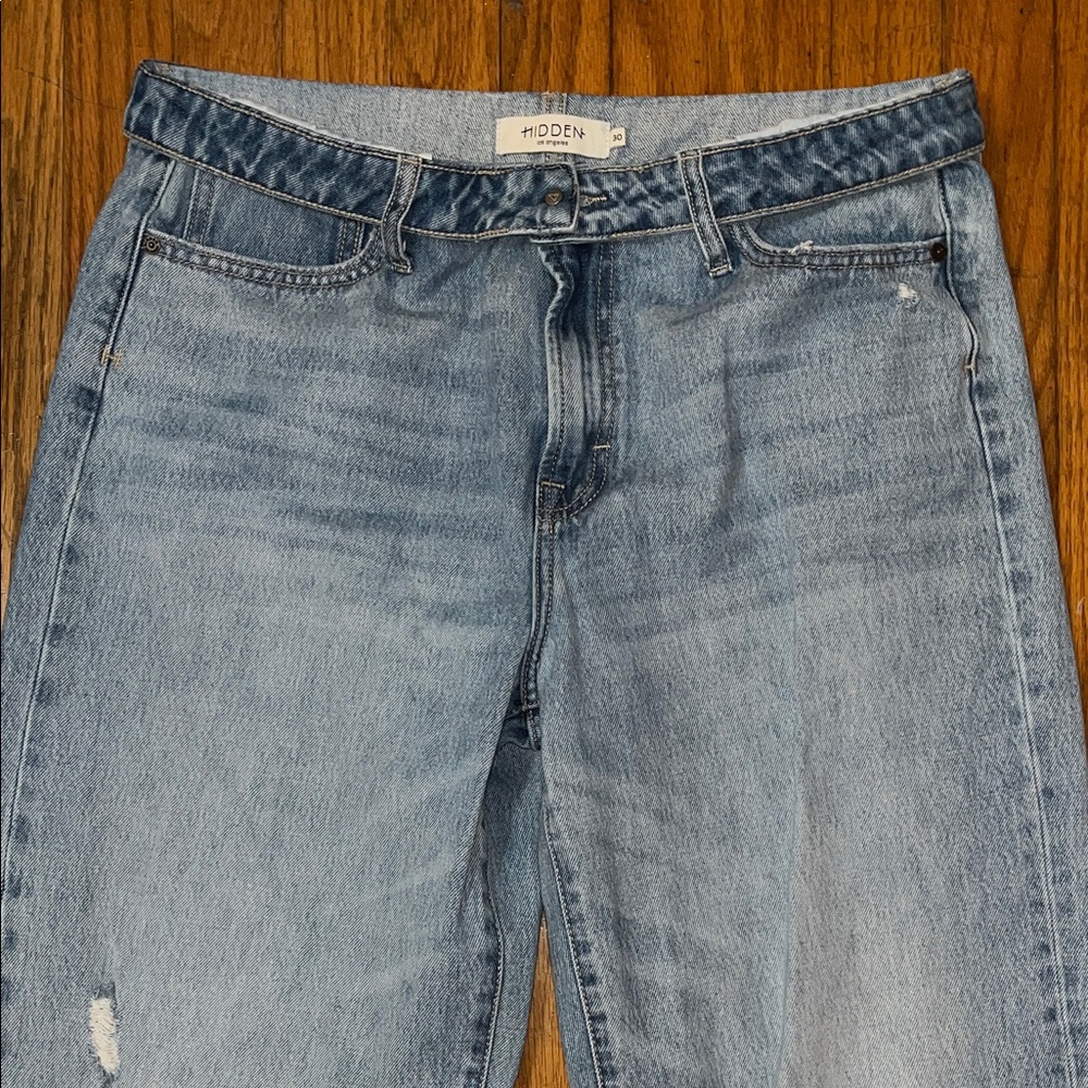 Hidden Fold Over Waist Wide Leg Distressed Denim Blue Jeans Size 30 - Picture 3 of 9